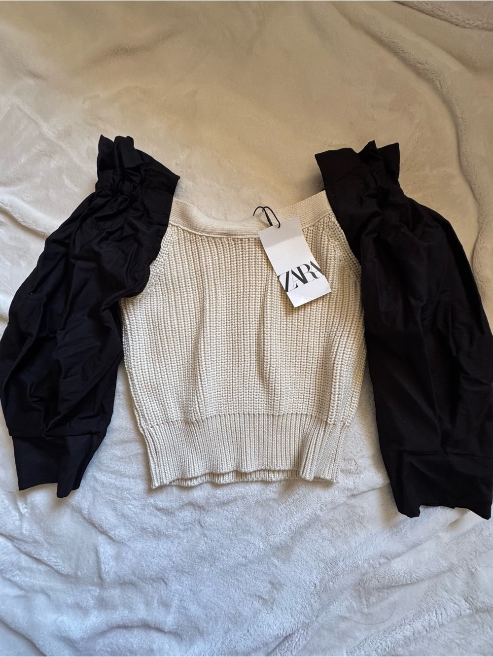 Zara Cream Knit Off-Shoulder Sweater with Black Puff Sleeves